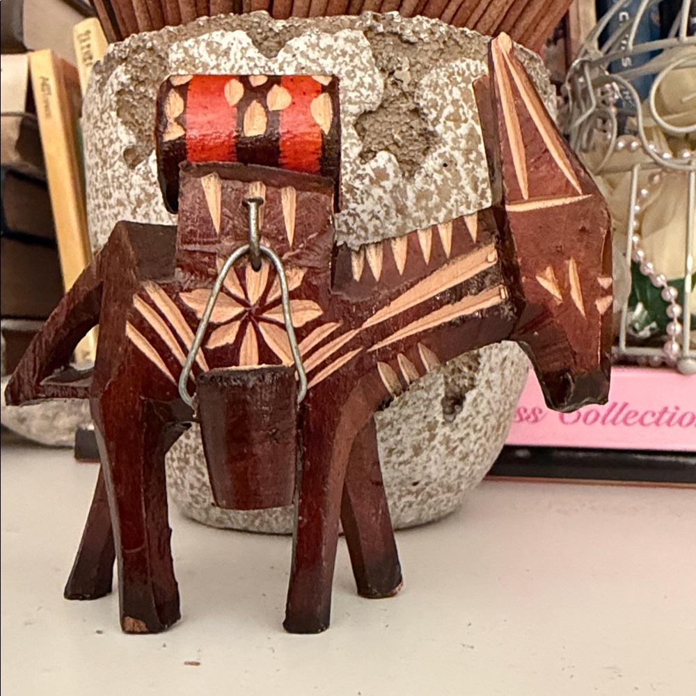 Handcrafted Wooden Donkey with Barrels Fork Art Figurine Vintage Decor Small